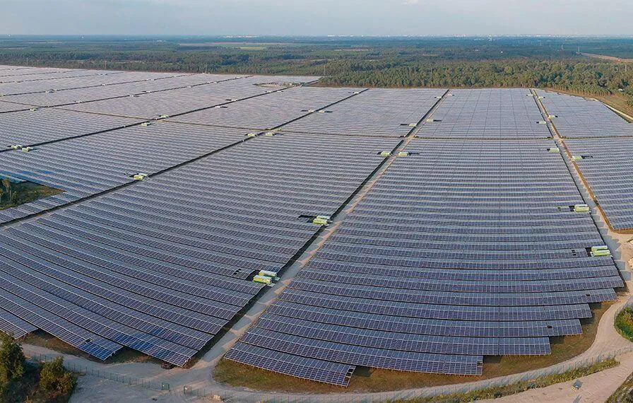 An extensive photovoltaic array viewed from above